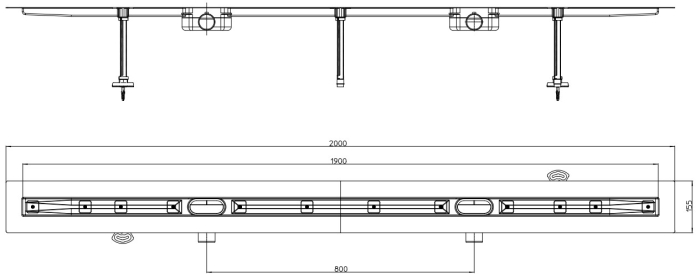 HL 50FU.0/200 Плоский душевой лоток с 2-мя сифонами длиной 2000 мм без решетки, с гидрозатвором 24 мм  