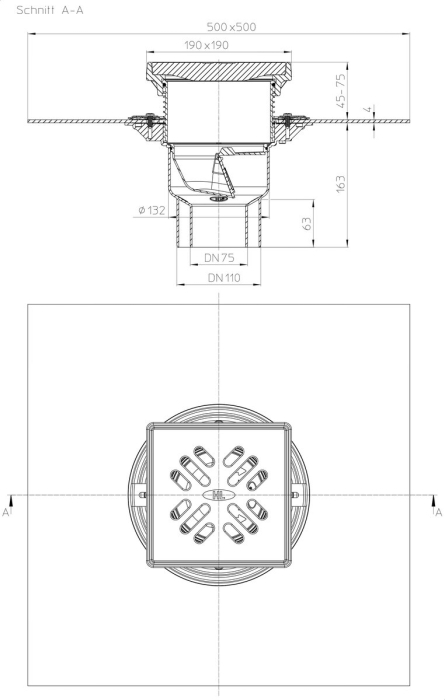 HL 3100THG Трап для балконов и террас с полимербитумным полотном, с чугунной решеткой и подрамником, с вертикальным выпуском DN75/110  