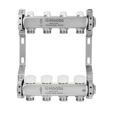 Комплект коллекторов Hoobs, нерж. сталь, с термостат. клапанами, с отсекающими клапанами и кронштейнами 1"х3/4"-8 вых