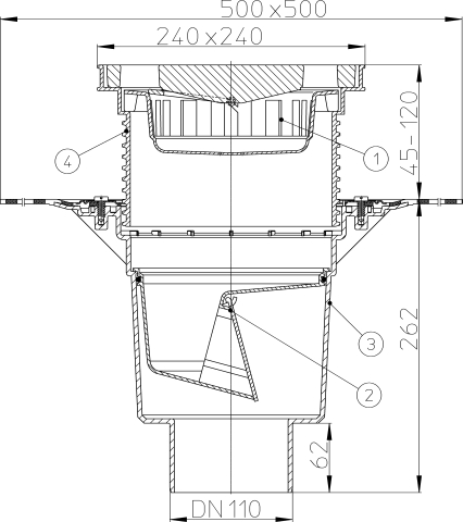 HL616H/1 Трап с решеткой 226*226 мм в подрамнике из ПП 240*240 мм