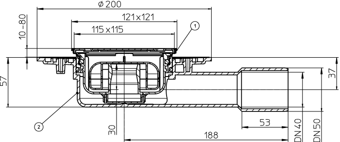 HL 90Pr-3000 Трап с решеткой КЛИК-КЛАК, с СУХИМ сифоном, с горизонтальным выпуском DN40/50
