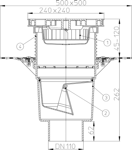 HL 616HL/1 Дворовый трап (верт.выпуск), с полиметбитумным полотном, с решеткой из полипропилена  (до 1,5 т), DN110  