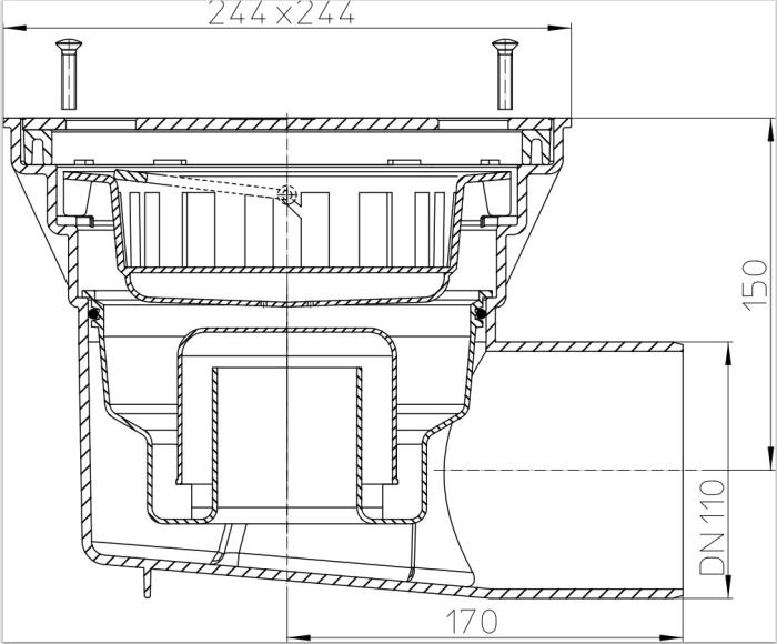 HL 605SW Дворовый трап (гор.выпуск) для внутр. помещений макс. нагрузка 1,5 т решетка из нерж.стали, DN110  
