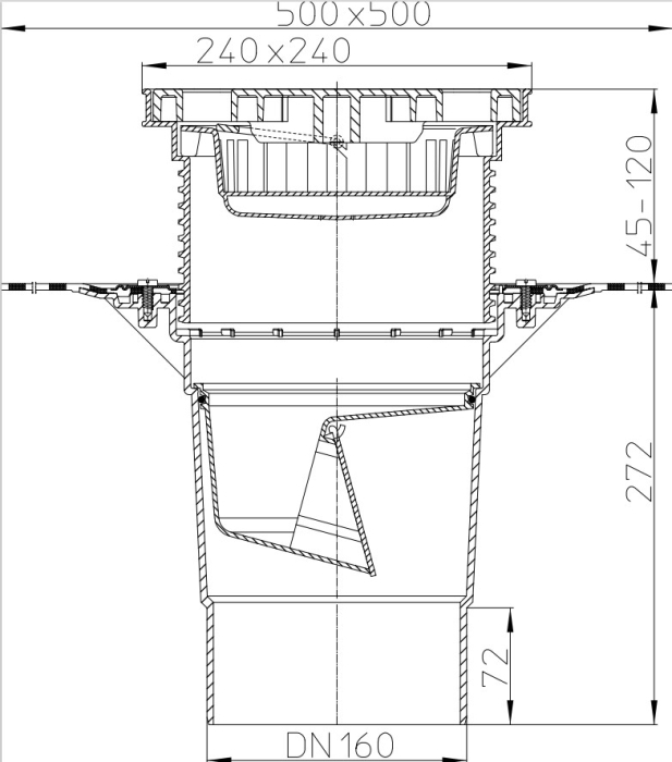 HL 616HL/5 Дворовый трап (верт.выпуск), с полиметбитумным полотном, с решеткой из полипропилена  (до 1,5 т), DN160  
