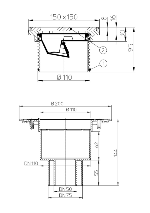 HL 310NG.2 Трап с вертикальным выпуском DN50/75/110 c чугунной решеткой (1,5 т)  