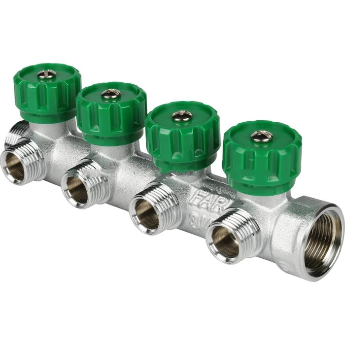 Коллектор распределительный FAR 3/4", проходной, хромированный, 4 отвода 1/2" плоское уплотнение  