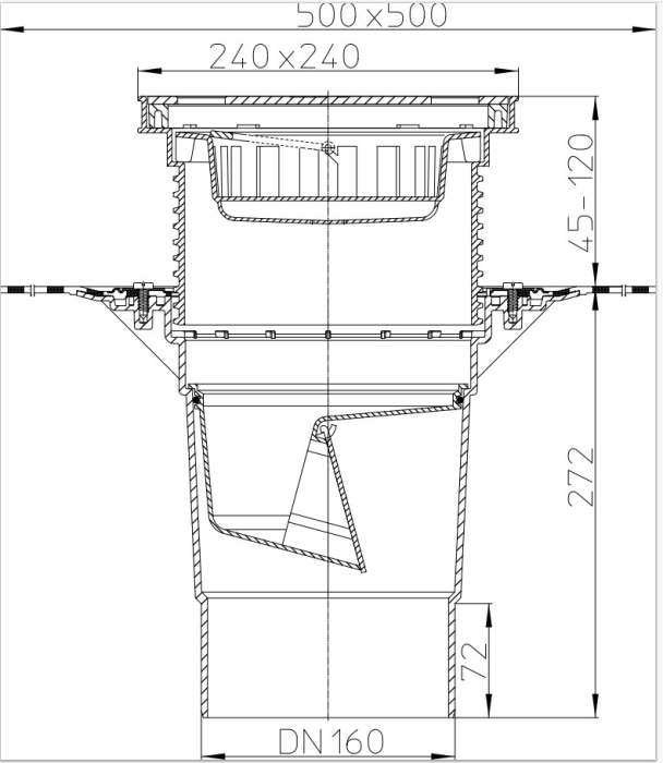 HL 616HS/5 Дворовый трап (верт. выпуск), с полимербитумным полотном, решетка из нерж. стали, макс. нагрузка до 2,5 т, DN160  