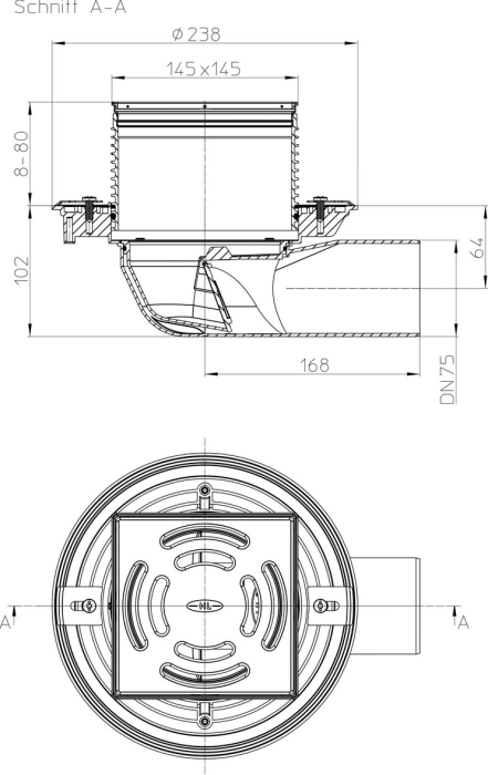 HL 5100T Трап для балконов и террас с решеткой КЛИК-КЛАК, с горизонтальным выпуском DN75