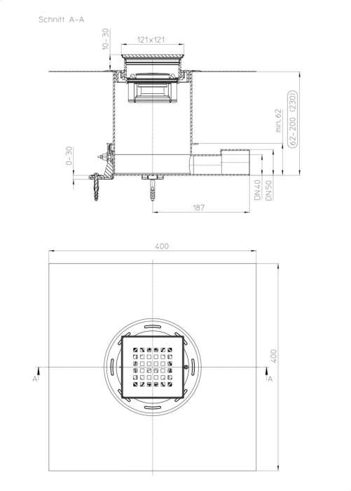 HL 541Q Трап с решеткой КЛИК-КЛАК, с сухим сифоном и обратным клапаном, с решеткой для вклеивания плитки (КЛИК-КЛАК). с гидроизоляционным полотном 420х420 мм под жидкую гидроизоляцию, с горизонтальным выпуском DN50  