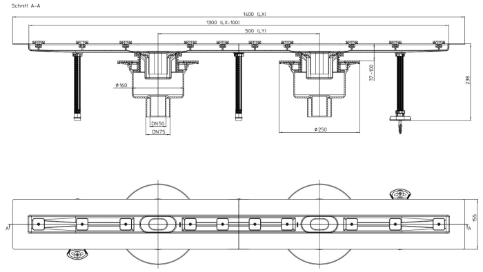 HL 50FV.0/140 Плоский душевой лоток длиной 1400 мм без решетки, выпуск вертикальый DN50, МОНТАЖНАЯ ВЫСОТА 31 мм!  