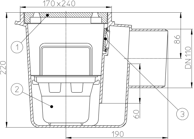 HL 71G Трап с решеткой из чугуна, с горизонтальным выпуском DN110  