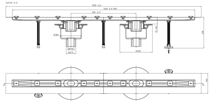 HL 50FV.0/150 Плоский душевой лоток длиной 1500 мм без решетки, выпуск вертикальый DN50, МОНТАЖНАЯ ВЫСОТА 31 мм!  
