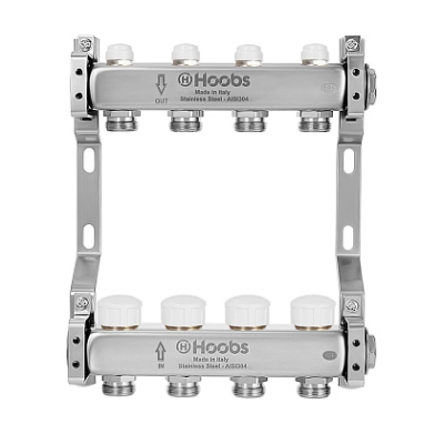Комплект коллекторов Hoobs, нерж. сталь, с термостат. клапанами, с отсекающими клапанами и кронштейнами 1х3/4-9 вых