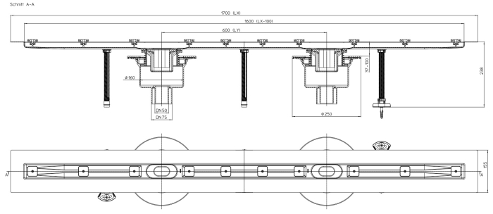 HL 50FV.0/170 Плоский душевой лоток длиной 1700 мм без решетки, выпуск вертикальый DN50, МОНТАЖНАЯ ВЫСОТА 31 мм!  