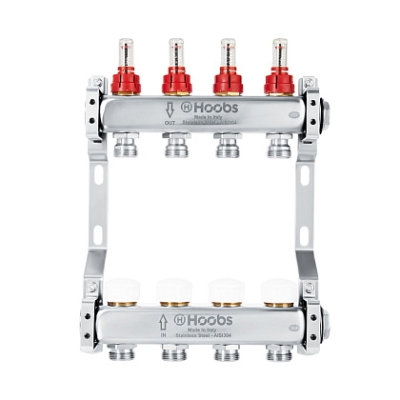 Комплект коллекторов Hoobs, нерж. сталь, с расходомерами, с отсекающими клапанами и кронштейнами 1х3/4-11 вых