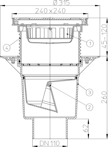 HL 616S/1 Дворовый трап с решёткой из нерж. стали (вертик. выпуск) DN 110