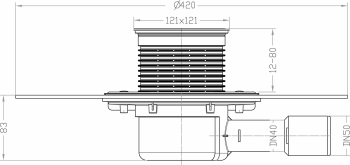 HL 510NHPr-3120 Трап с СУХИМ сифоном, с решеткой HL3120 (КЛИК-КЛАК), с полимербитумным полотном ?420 мм, с горизонтальным выпуском DN40/50  