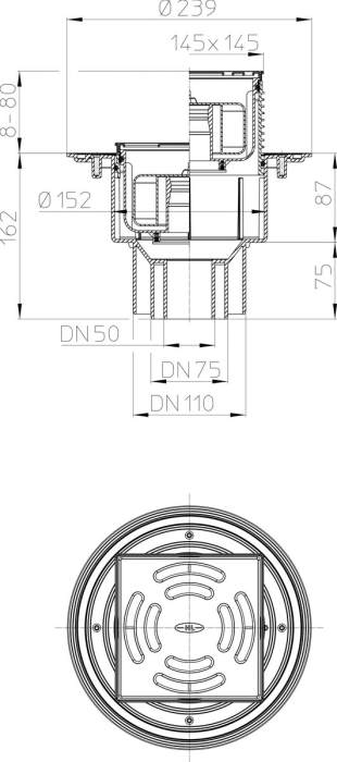 HL 3100Pr Трап с решеткой КЛИК-КЛАК, с сухим сифоном, с вертикальным выпуском DN50/75/110  