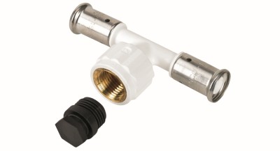 Henco Тройник ВР c черной заглушкой BP04 1/2, ПВДФ пресс (белый), 16x1/2x16