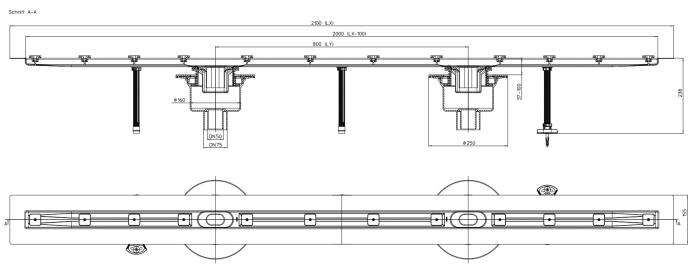 HL 50FV.0/210 Плоский душевой лоток длиной 2100 мм без решетки, выпуск вертикальый DN50, МОНТАЖНАЯ ВЫСОТА 31 мм!