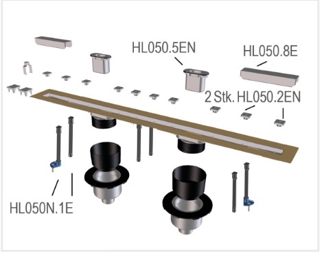 HL 50FV.0/210 Плоский душевой лоток длиной 2100 мм без решетки, выпуск вертикальый DN50, МОНТАЖНАЯ ВЫСОТА 31 мм!