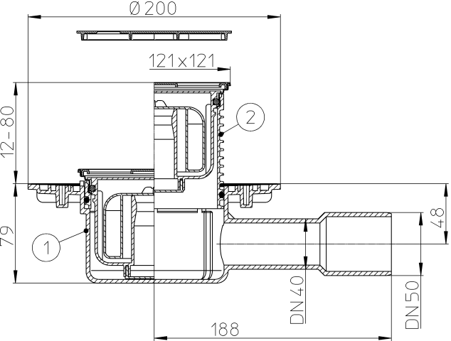 HL 510NPr-3000.32 Трап с СУХИМ сифоном, (КЛИК-КЛАК), с решеткой HL037N.32Е (Бронза), с горизонтальным выпуском DN40/50