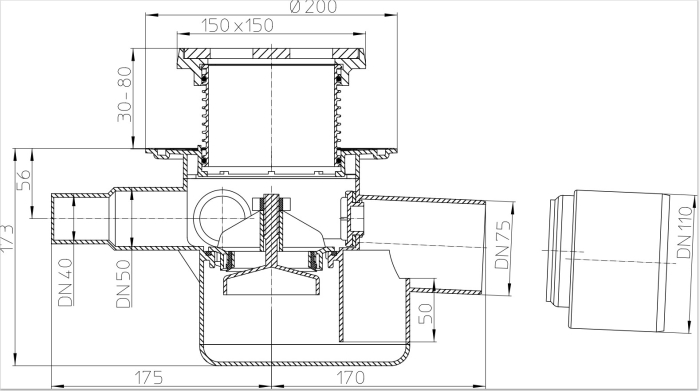 HL 70G Трап проходной с 3-мя входами с обратным клапаном с чугунной решеткой 137х137 мм и подрамником 150х150 мм, DN75/110  