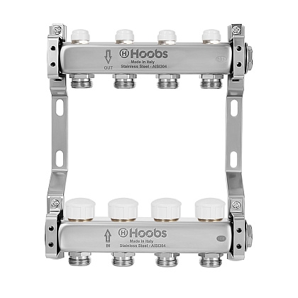 Комплект коллекторов Hoobs, нерж. сталь, с термостат. клапанами, с отсекающими клапанами и кронштейнами 1"х3/4"-13 вых  