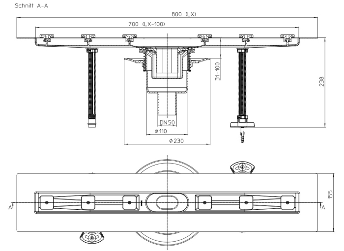 HL 50FV.0/80 Плоский душевой лоток длиной 800 мм без решетки, выпуск вертикальый DN50, МОНТАЖНАЯ ВЫСОТА 31 мм!  