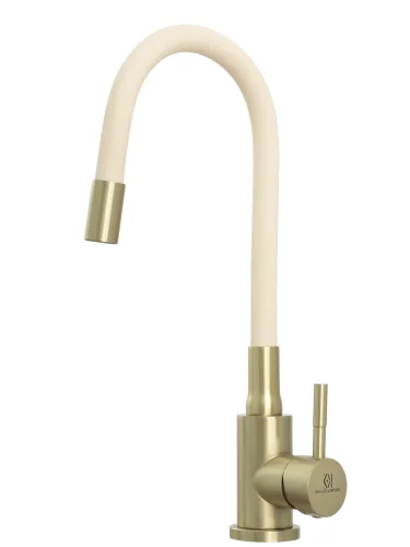 Смеситель для кухни однорычажный с гибким белым изливом, МАТОВОЕ ЗОЛОТО, SUS304, ZM-7728-2K-758  