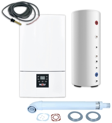 Wolf Комплект Газовый настенный котёл CGG-3-28 с бойлером WSC-200L, датчиком и дымоходом DN60/100