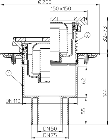 HL 310NG Трап с вертикальным выпуском DN50/75/110 c чугунной решеткой (1,5 т)