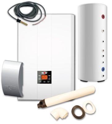 Wolf Комплект Газовый настенный котёл FGB-28 c дымоходом DN60/100, водонагрев. WSC-200L, датчиками