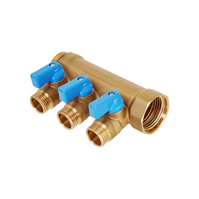 Коллектор латунный Hoobs 3/4х3х1/2EK с шаровыми кранами синие флажки 3 выхода