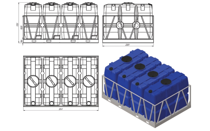 Ёмкость спецназначения Экопром SK 2000л в обрешетке кассета 4 шт  