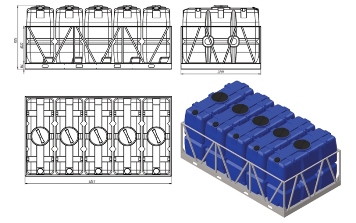 Ёмкость спецназначения Экопром SK 2000л в обрешетке кассета 5 шт  