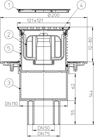 HL 310NPr-3125 Трап с СУХИМ сифоном, с решеткой HL3125 (КЛИК-КЛАК) с вертикальным выпуском DN50/75/110  