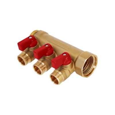 Коллектор латунный никелированный Hoobs 3/4х3х1/2EK с шаровыми кранами красные флажки 3 выхода