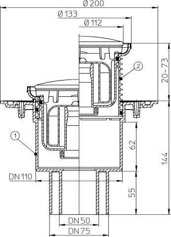 HL 310NPrR Трап с сухим сифоном (вертикальный выпуск), круглая решетка д133, DN50/70/100