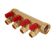 Коллектор латунный никелированный Hoobs 3/4"х4х1/2"EK с шаровыми кранами красные флажки 4 выхода
