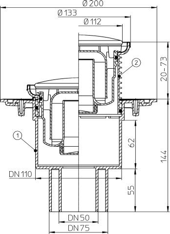 HL 310NR Трап с вертикальным выпуском DN50/75/110, круглой решеткой