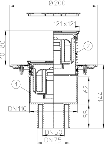 HL 310NPr-3000.11 Трап с СУХИМ сифоном, с решеткой HL037.11E (Золото) (КЛИК-КЛАК) с вертикальным выпуском DN50/75/110
