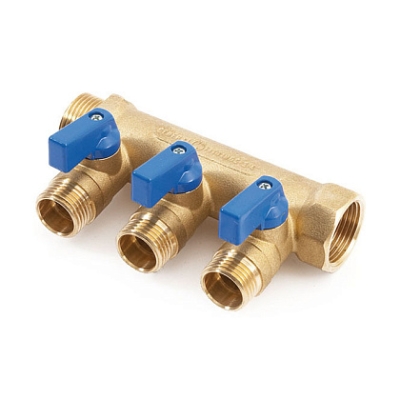 Коллектор латунный Hoobs 1х3х1/2EK с шаровыми кранами синие флажки 3 выхода