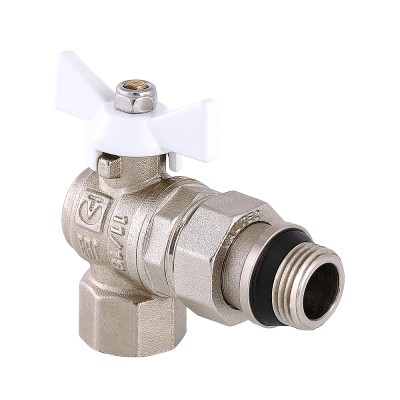 Valtec Кран шар. BASE угловой с полусгоном 1/2" вн.-нар. с доп. упл. (белая рукоятка)  