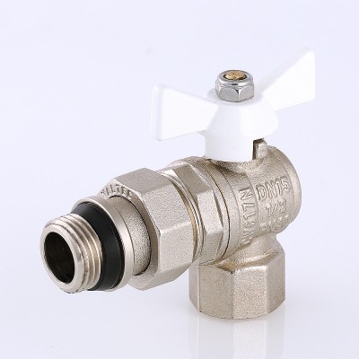 Valtec Кран шар. BASE угловой с полусгоном 1/2 вн.-нар. с доп. упл. (белая рукоятка)