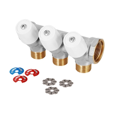 Коллектор латунный никелированный Hoobs 3/4х3х1/2EK с вентилями белые маховики 3 выхода