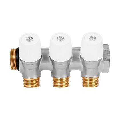 Коллектор латунный никелированный Hoobs 3/4х3х1/2EK с вентилями белые маховики 3 выхода  