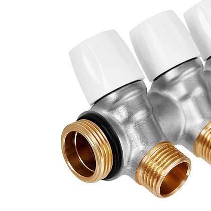 Коллектор латунный никелированный Hoobs 3/4х3х1/2EK с вентилями белые маховики 3 выхода  