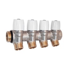 Коллектор латунный никелированный Hoobs 3/4"х4х1/2"EK с вентилями белые маховики 4 выхода