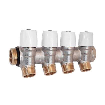 Коллектор латунный никелированный Hoobs 3/4"х4х1/2"EK с вентилями белые маховики 4 выхода  